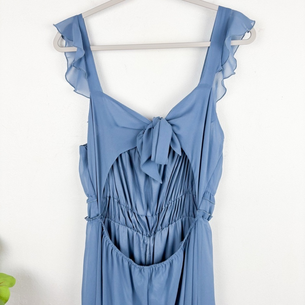 Lulu’s Stun with Elegance Slate Blue Ruffled Tie-Back Wide-Leg Jumpsuit Sz L - Picture 6 of 11